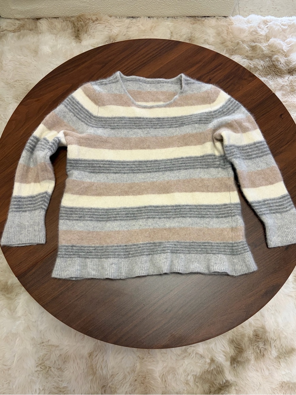 100% Cashmere Striped Crewneck Sweater in Gray, Cream, and Tan